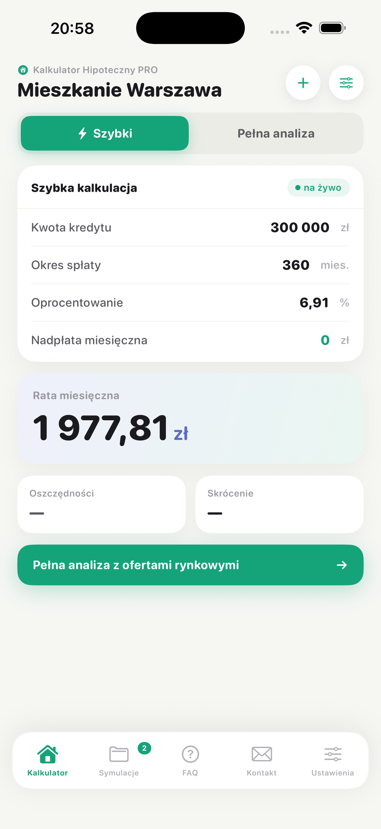 Ekran Szybka kalkulacja